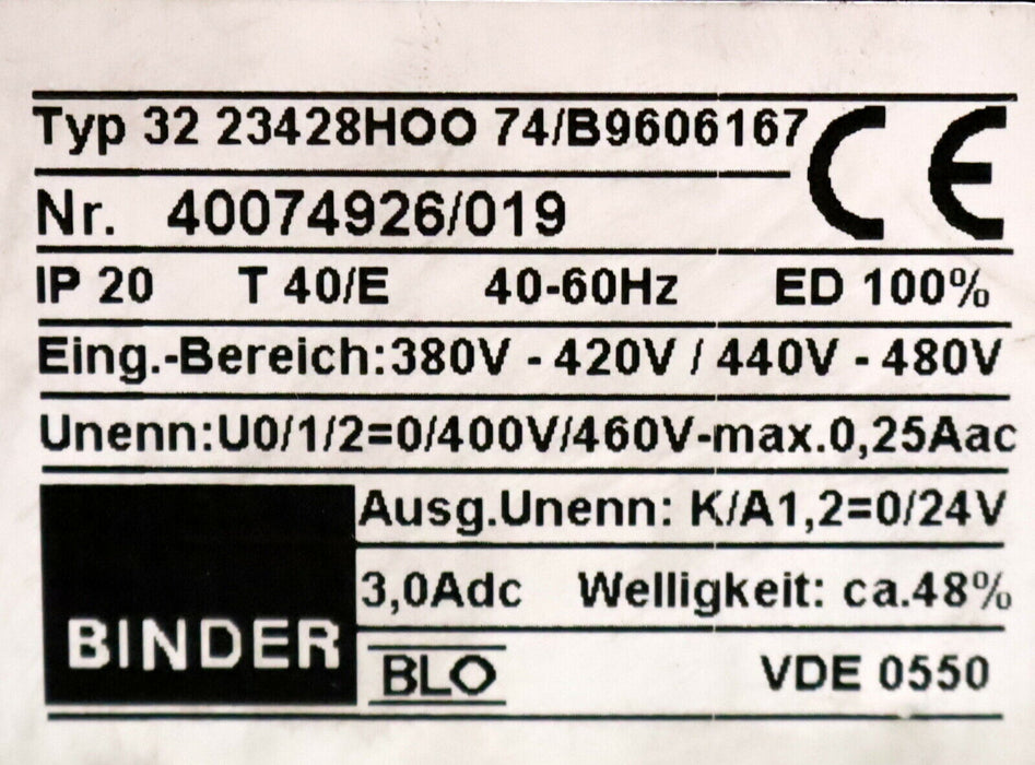 BINDER Transformator 380-480V auf 24V Netzgerät Typ 3223428 HOO 74 B9606167