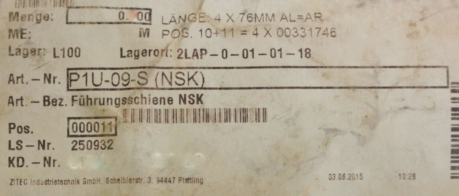 NSK Führungsschiene P1U-09-S Länge 76mm