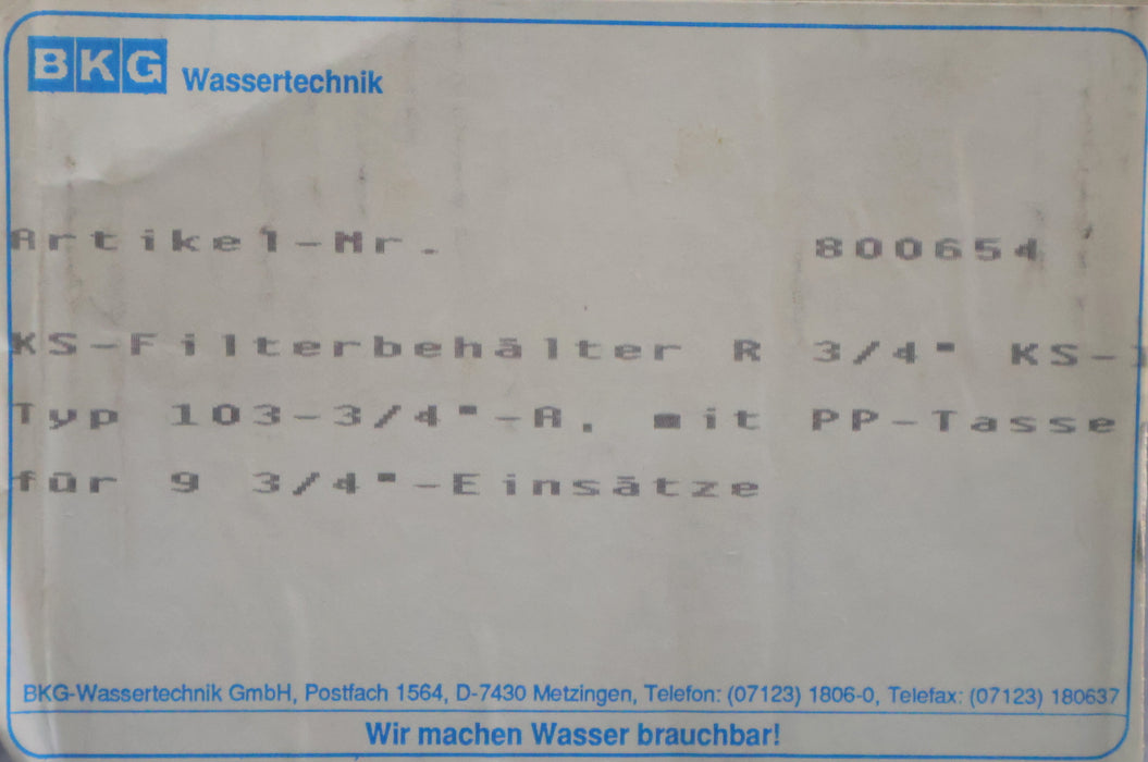 Feinfiltergehäuse 9 3/4" Typ 103-3/4''-A Nr. 800654 Anschluss 3/4'' Tasse weiß