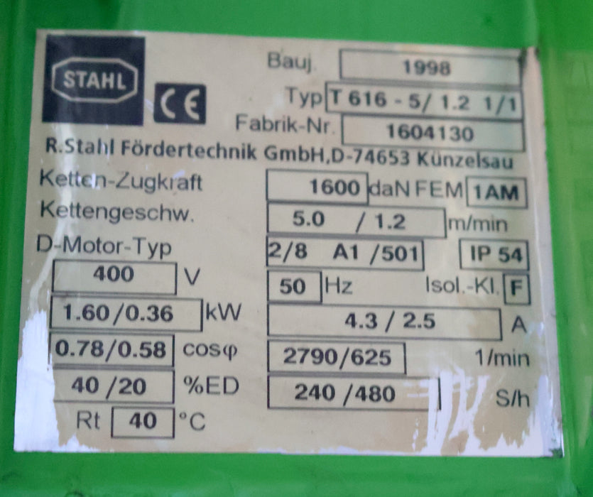STAHL Elektrokettenzug Typ T616-5/1.2 1/1 - 1600daN Haupthub 5m/min - geprüft