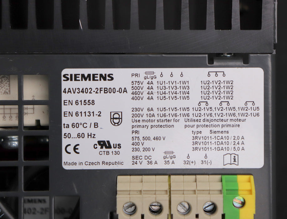 Bild des Artikels SIEMENS-Stromversorgung-3-Phasen-4AV3402-2FB00-0A-50-60Hz-Upri=575-200V