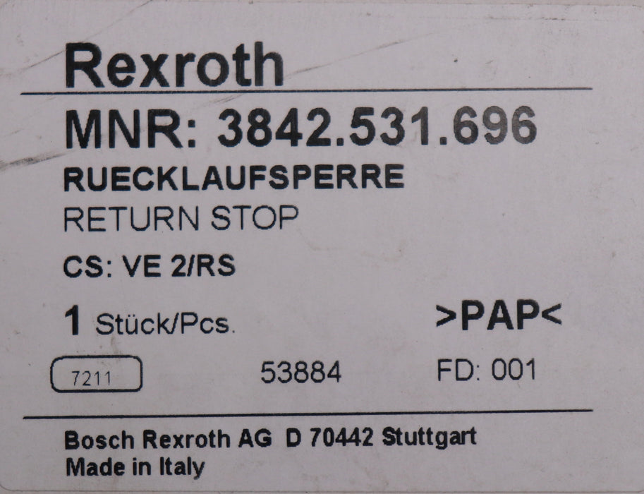 Bild des Artikels REXROTH-Rücklaufsperre-VE-2/RS-MNR-3842.531.696-mit-3842515956-unbenutzt-in-OVP
