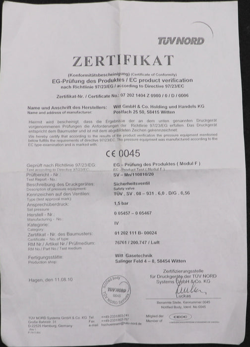 Bild des Artikels WITT-Sauerstoff-Sicherheitsventil-TÜV-SV-08-931-.-6,0.-D/G-.-056