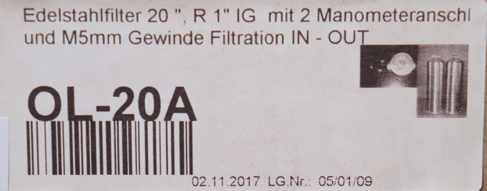 Bild des Artikels Edelstahl-Filtergehäuse-OL-20A-20''-Anschluß-1''-IG-mit-2-Manometeranschlüßen