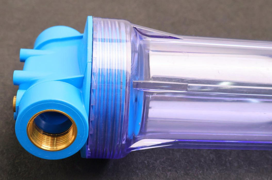 Bild des Artikels Filtergehäuse-Länge-10''-Messinganschlüsse-1''-Klarsichtfiltertasse-unbenutzt