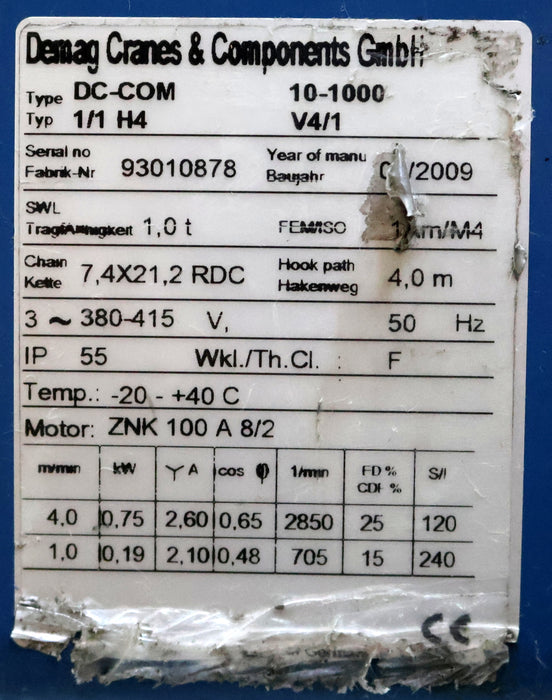 Bild des Artikels DEMAG-Elektrokettenzug-Typ-DC-COM-10-1000-1/1-H4-V4/1-Tragfähigkeit-1t