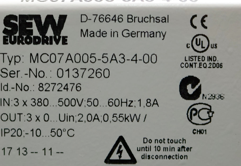 Bild des Artikels SEW-MOVITRAC-Frequenzumrichter-Typ-MC07A005-5A3-4-00-IN:-3x-380…500V