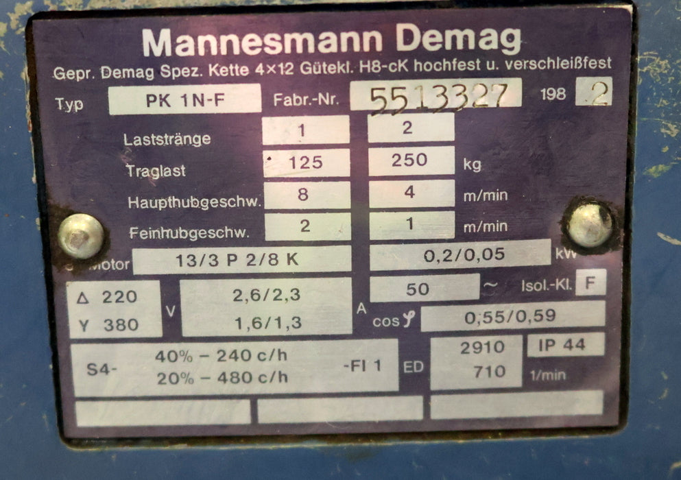 Bild des Artikels DEMAG-Elektrokettenzug-Typ-PK-1N-F-Tragfähigkeit-125-250kg