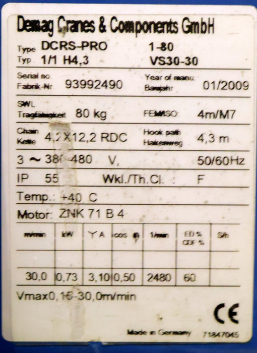 Bild des Artikels DEMAG-Elektrokettenzug-Typ-DCRS-PRO-1-80-1/1-H4,3-VS30-30-Tragfähigkeit-80kg