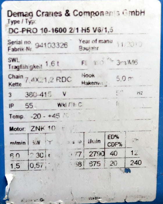 Bild des Artikels DEMAG-Elektrokettenzug-Typ-DC-PRO-10-1600-2/1-H5-V6/1,5-Tragfähigkeit-1,6t