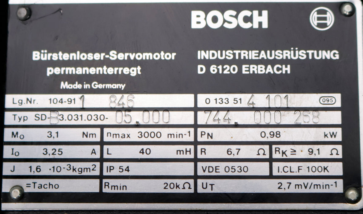 Bild des Artikels BOSCH-Bürstenloser-Servomotor-permanenterregt-Typ:-SD-B3.031.030-05,000-3,1Nm