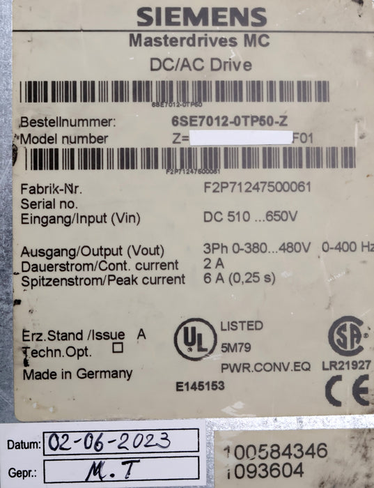 Bild des Artikels SIEMENS-Masterdrives-MC-6SE7012-0TP50-Z-Eingang-510…650VDC-geprüft!