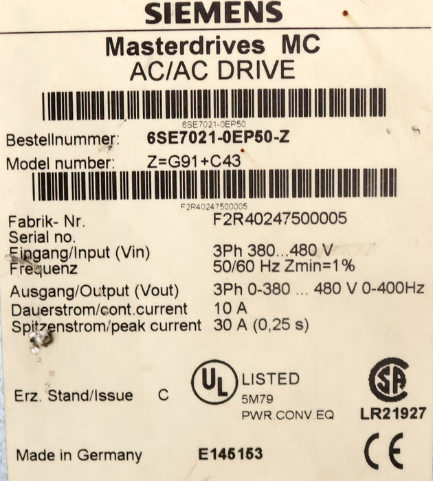 Bild des Artikels SIEMENS-Masterdrives-MC-6SE7021-0EP50-Z-Eingang-380…480VDC-50/60Hz-geprüft!