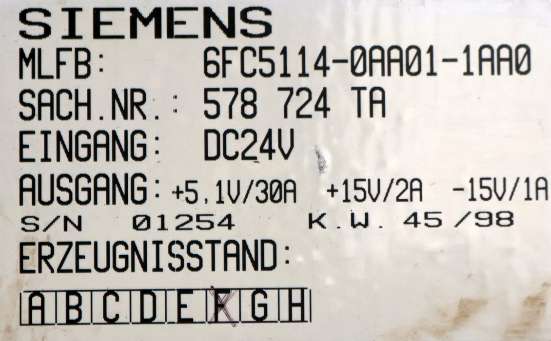 Bild des Artikels SIEMENS-SINUMERIK-Stromversorgung-6FC5114-0AA01-1AA0-24VDC-E-Stand-F-gebraucht