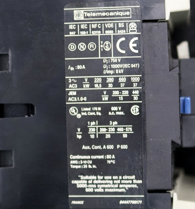 Bild des Artikels TELEMECANIQUE-Leistungsschütz-Typ:-LP1-D6511-750V-80A-8kV-Spulenspannung-24VDC