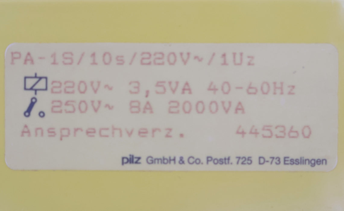 Bild des Artikels PILZ-Zeitrelais-PA-1S/10s/220VAC/1Uz-Id.Nr.-445360-220VAC-3,5VA-40-60Hz-250VAC