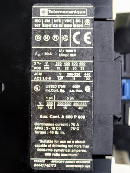 Bild des Artikels TELEMECANIQUE-Leistungsschütz-Typ:-LP1-D5011-1000V-80A-8kV-Spulenspannung-24VDC