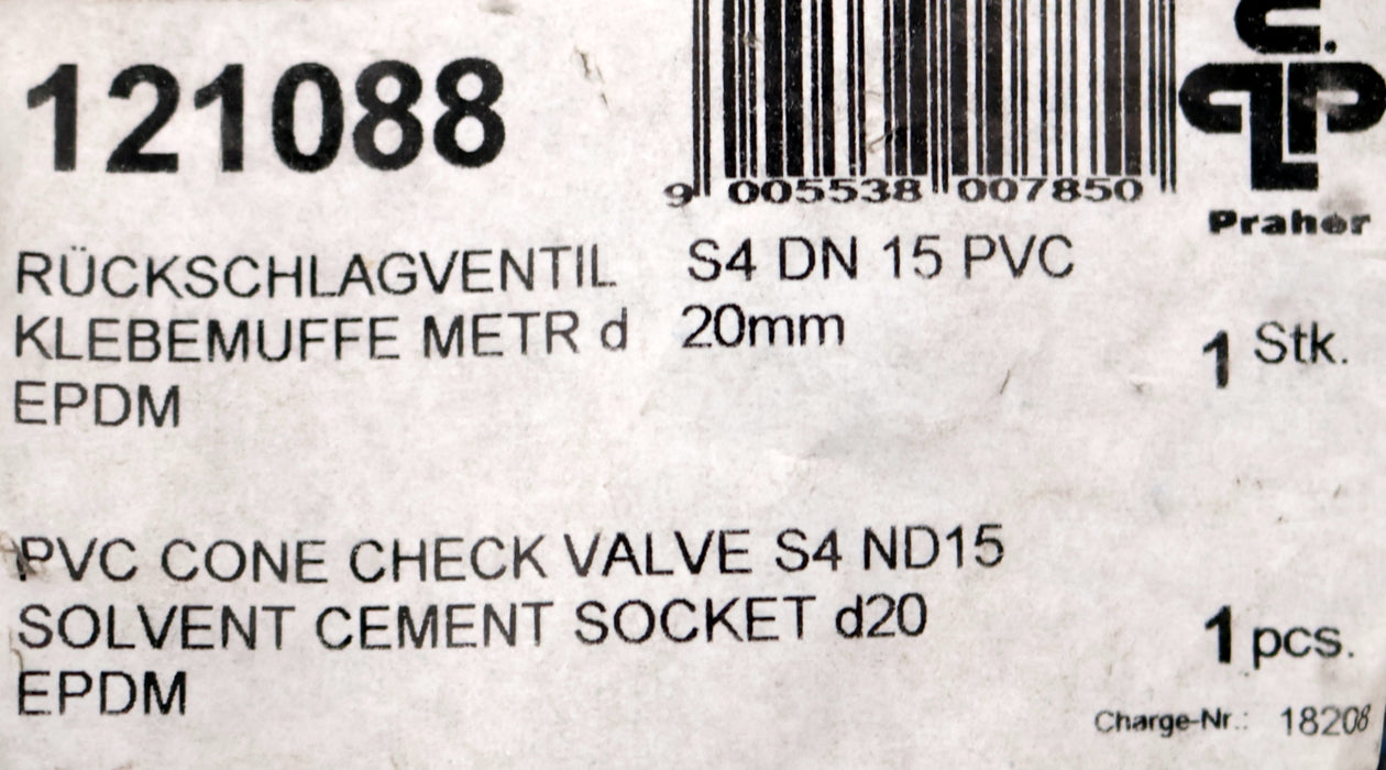 Bild des Artikels PRAHER-Rückschlagventil-aus-PVC-S4-121088-Ø20mm-DN15-PN16-unbenutzt-in-OVP