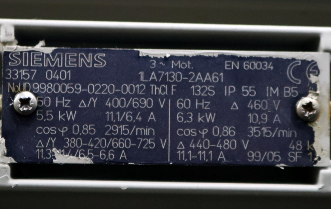 Bild des Artikels SIEMENS-Motor-1LA7130-2AA61-5,5kW-50Hz-400/690V-11,1/6,4A-2915/min-6,3kW-60Hz
