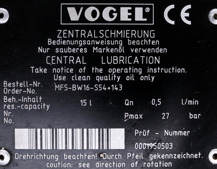 Bild des Artikels VOGEL-Zentralschmierung-Best.-Nr.-MF5-BW16-S54+143-Beh.-Inhalt-15l-Qn-0,5l/min