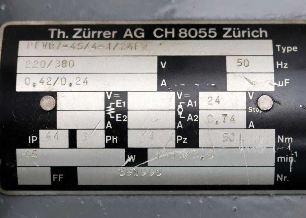 Bild des Artikels ZÜRRER-Winkel-Getriebe-PFVB7-45/4-1/24FW-50Nm-1400/3,5U/min-220/380V-50Hz