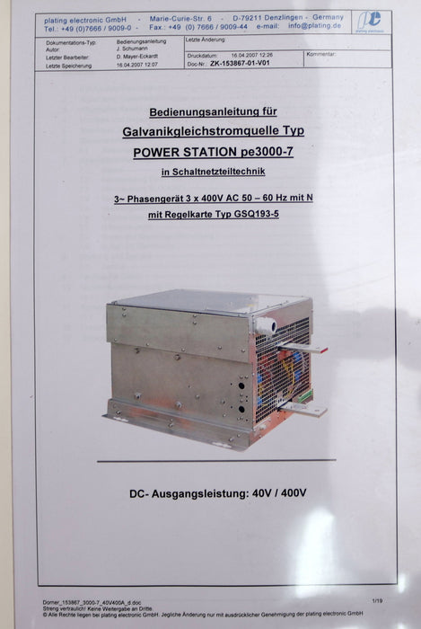 Bild des Artikels PLATING-ELECTRONIC-Power-Station-pe3000-7-Geräte-Nr.-PE0407/47001-40VDC/400A