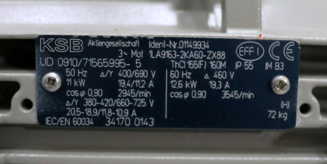 Bild des Artikels SIEMENS-/-KSB-11kW-Drehstrommotor-1LA9163-2KA60-ZX88-400/690VAC-50Hz-19,4/11,2A