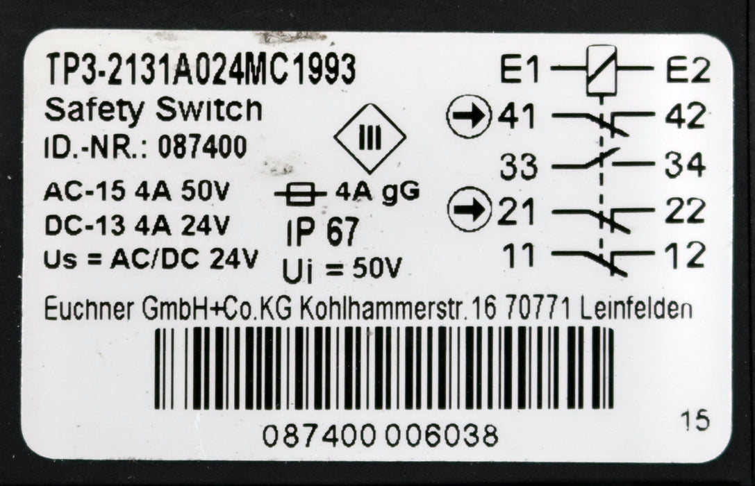 Bild des Artikels EUCHNER-Sicherheitsschalter-TP3-2131A024MC1993-Best.Nr.-087400-V1.0.0