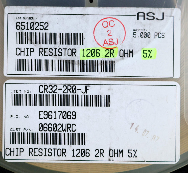 Bild des Artikels ASJ-ELECTRONICS-5000x-SMD-Widerstand-2-Ohm-CR-32-2R0-JF--Model-06602WRC-7"-