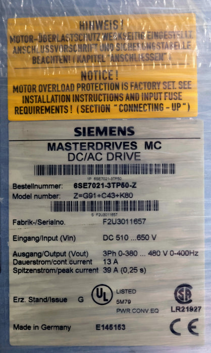 Bild des Artikels SIEMENS-MASTERDRIVES-6SE7021-3TP50-Z-Z=-G91-+-K-80-+-C43-unbenutzt