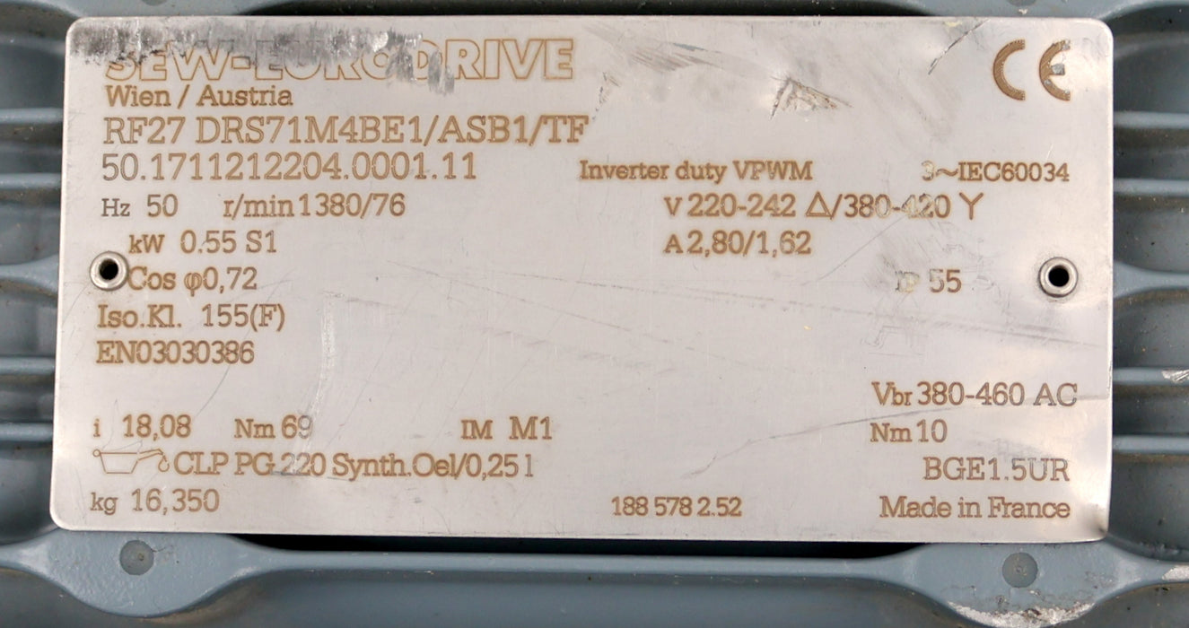 Bild des Artikels SEW-Motor-mit-Getriebe-RF27-DRS71M4BE1/ASB1/TF-50Hz-220-242/380-420V