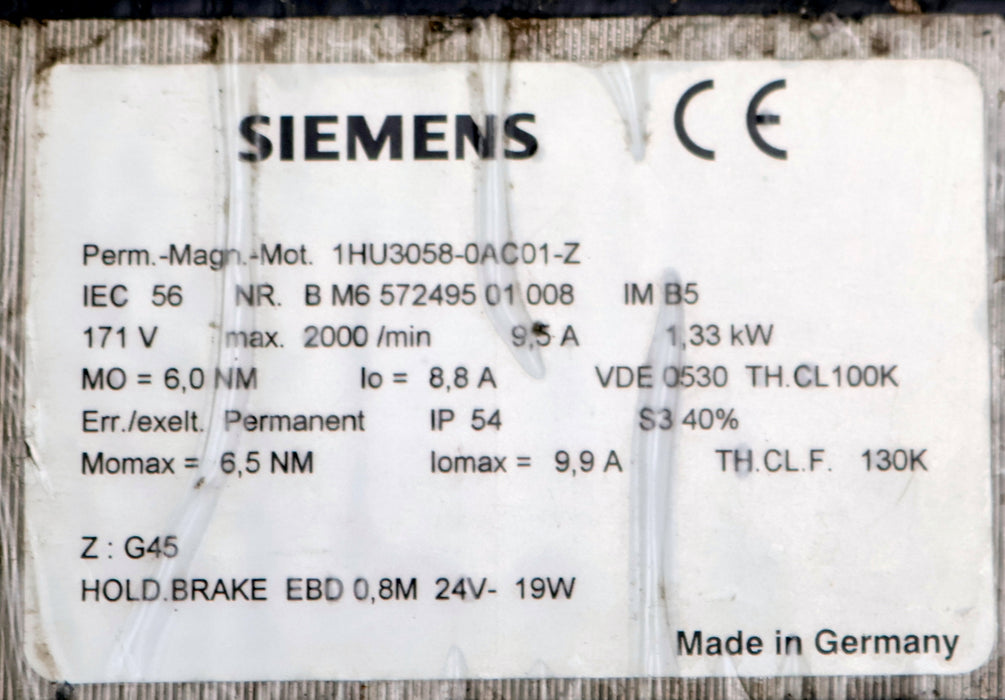 Bild des Artikels SIEMENS-Servomotor-1HU3058-0AC01-Z-171V-1,33kW-9,5A-max-2000/min-MO=-6,0NM