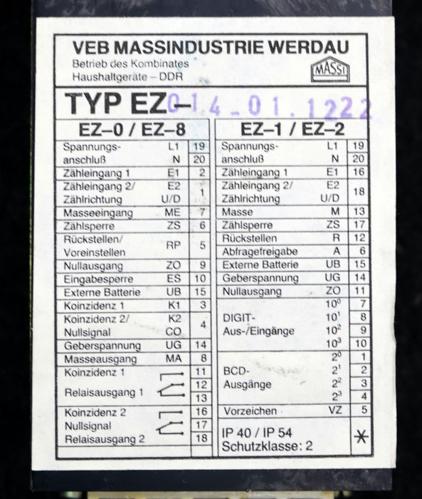 Bild des Artikels VEB-MASSINDUSTRIE-Elektronischer-Zähler-EZ-0-14-01.1222-IP40/IP54-Schutzklasse-2