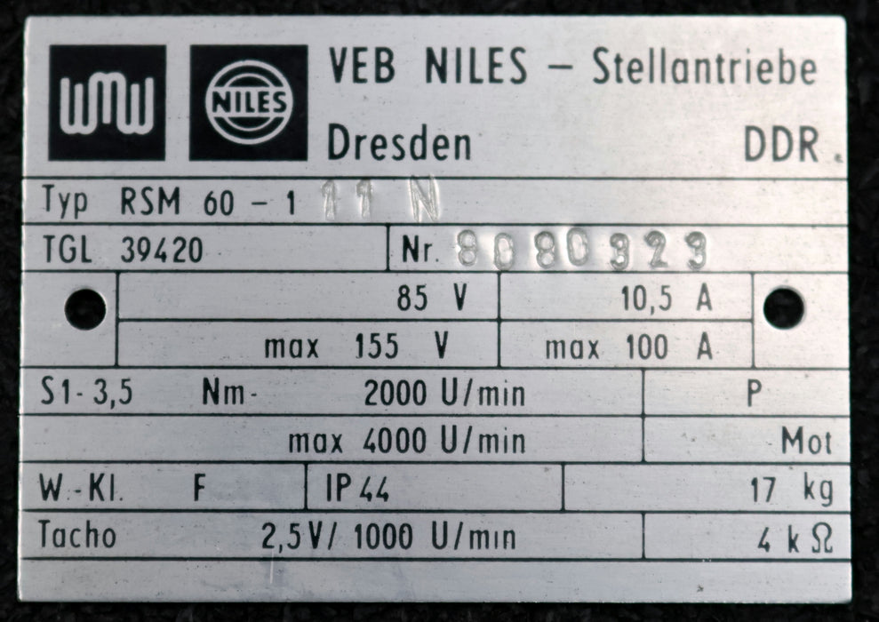 Bild des Artikels VEB-NIELS-Servomotor-Typ-RSM-60-111N-TGL-39420-85V-10,5A-Nm-2000U/min