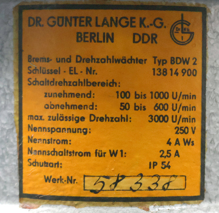 Bild des Artikels DR.-GÜNTER-LANGE-K.G.-Brems--und-Drehzahlwächter-Typ-BDW2-gebraucht