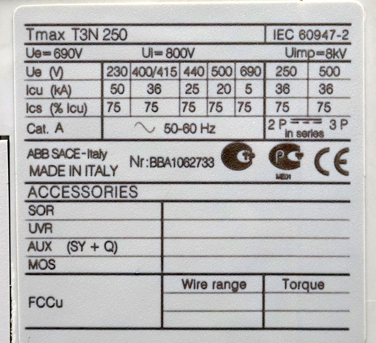 Bild des Artikels ABB-Leistungsschalter-T3N-250-Ue=-690V-Ui=-800V-Uimp=-6kV-RC223-Ue=-110…500V