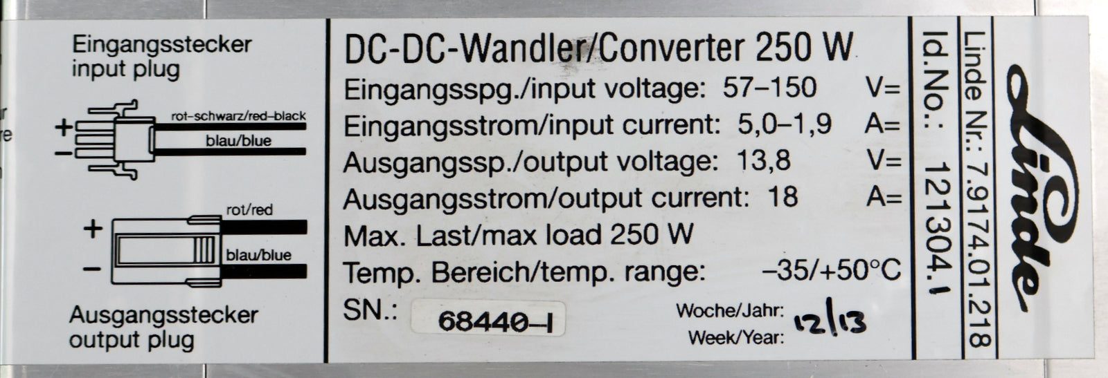 Bild des Artikels LINDE-DC/DC-Wandler-250W-Id.No.-121304-7917401218-57-150V-5,0-1,9A-13,8V-18A
