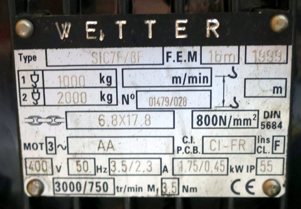 Bild des Artikels VETTER-Elektrokettenzug-SIC7F/8F-Tragfähigkeit-1000-2000kg-Kette-6,8x17,8