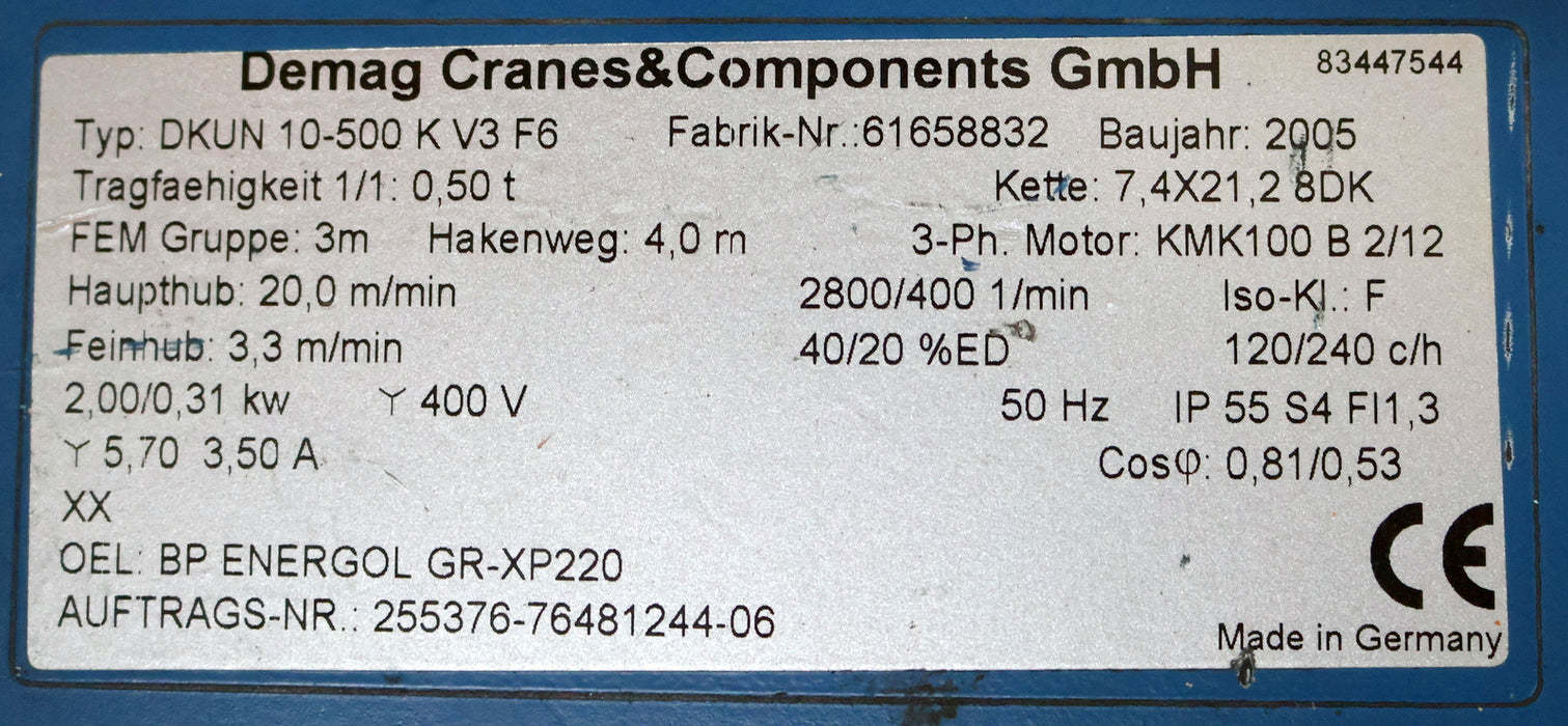 Bild des Artikels DEMAG-Elektrokettenzug-Typ-DKUN-10-500-K-V3-F6-Tragfähigkeit-1/1:-0,5t-überprüft