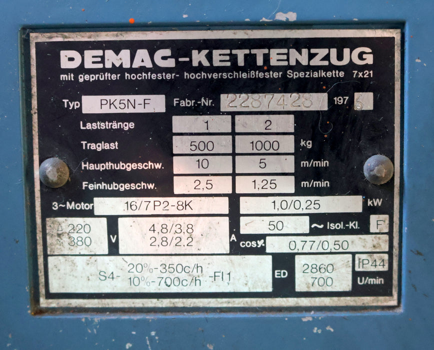 Bild des Artikels DEMAG-Elektrokettenzug-Typ-PK5N-F-Tragfähigkeit:-1t-Haupthub-5m/min---überprüft