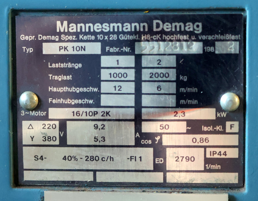 Bild des Artikels DEMAG-Elektrokettenzug-Typ-PK10N-Tragfähigkeit-2t-Haupthub-6m/min---überprüft