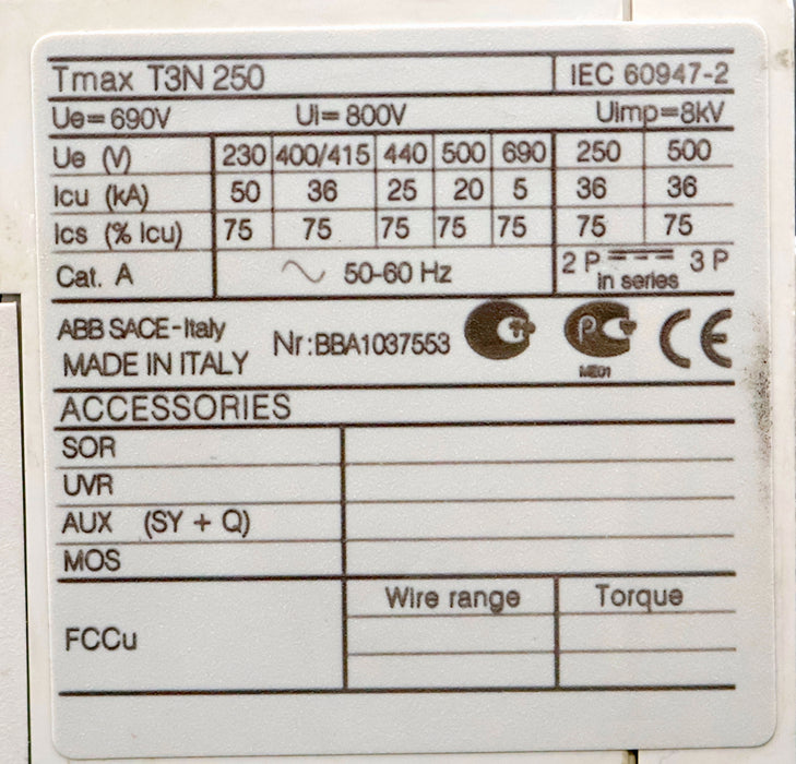 Bild des Artikels ABB-Leistungsschalter-T3N-250-Ue=-690V-Ui=-800V-Uimp=-6kV-Ue=-110…500V-225A