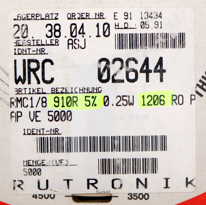 Bild des Artikels ASJ-ELECTRONICS-4500x-SMD-Widerstand-910Ω-1206-CR-32-910-Ohm-Model-02644WRC