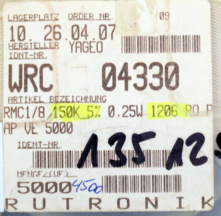 Bild des Artikels YAGEO/RUTRONIK-4500x-SMD-Widerstand-150kΩ-1206-RMC1/8-150000-Ohm-RC-06-1/4W