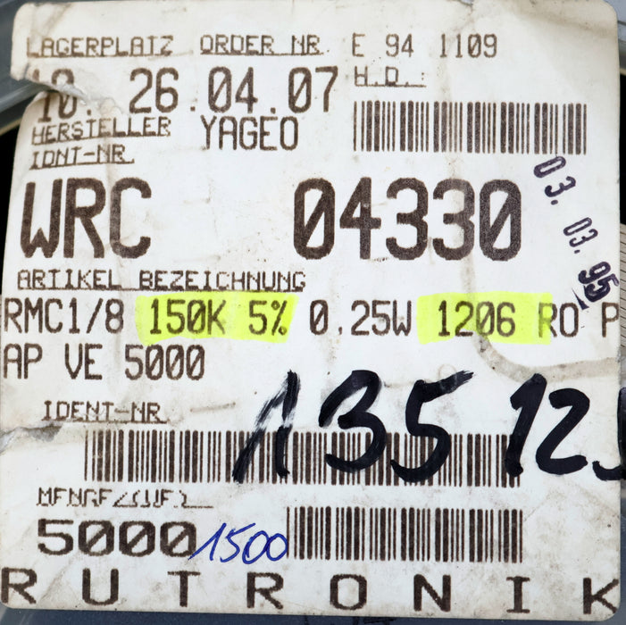 Bild des Artikels YAGEO/RUTRONIK-1500x-SMD-Widerstand-150kΩ-1206-RMC1/8-150000-Ohm-RC-06-1/4W