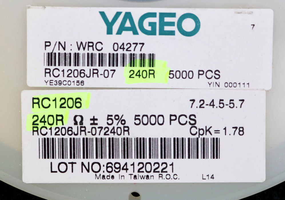 Bild des Artikels YAGEO-5000x-SMD-Widerstand-240Ω-1206-240-Ohm-Model-RC-1206JR-07240R-WRC04277