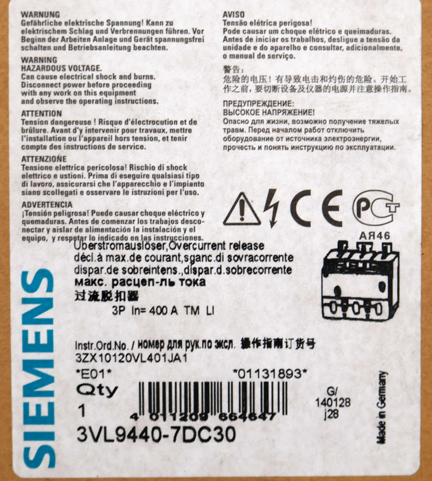 Bild des Artikels SIEMENS-Überstromauslöser-VL400-3VL9440-7DC30-3-polig-LI-IR=320...400A-unbenutzt