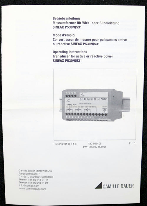 Bild des Artikels CAMILLE-BAUER-Messumformer-SINEAX-P530-Ord:-272/392633/010/001-400V-1A-50Hz