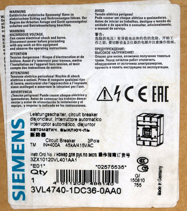Bild des Artikels SIEMENS-Leistungsschalter-VL400-3VL4740-1DC36-0AA0-415VAC-3-polig-IR-320...400A