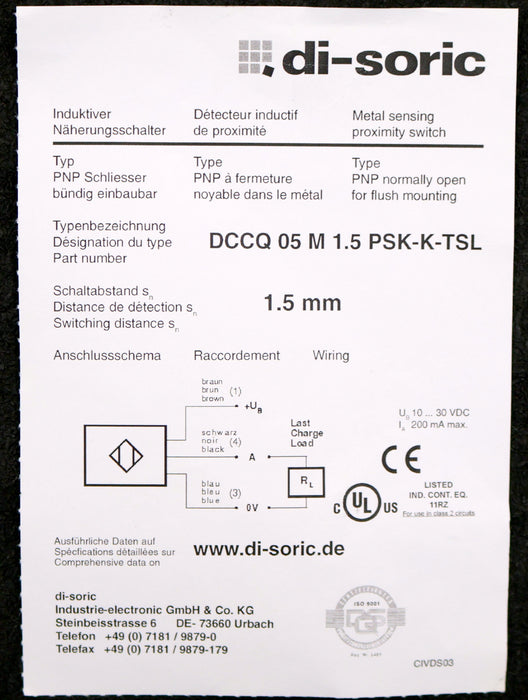 Bild des Artikels DI-SORIC-Induktiver-Näherungssensor-INQ-DCCQ-05-M-1.5-PSK-K-TSL-Nr.-200513